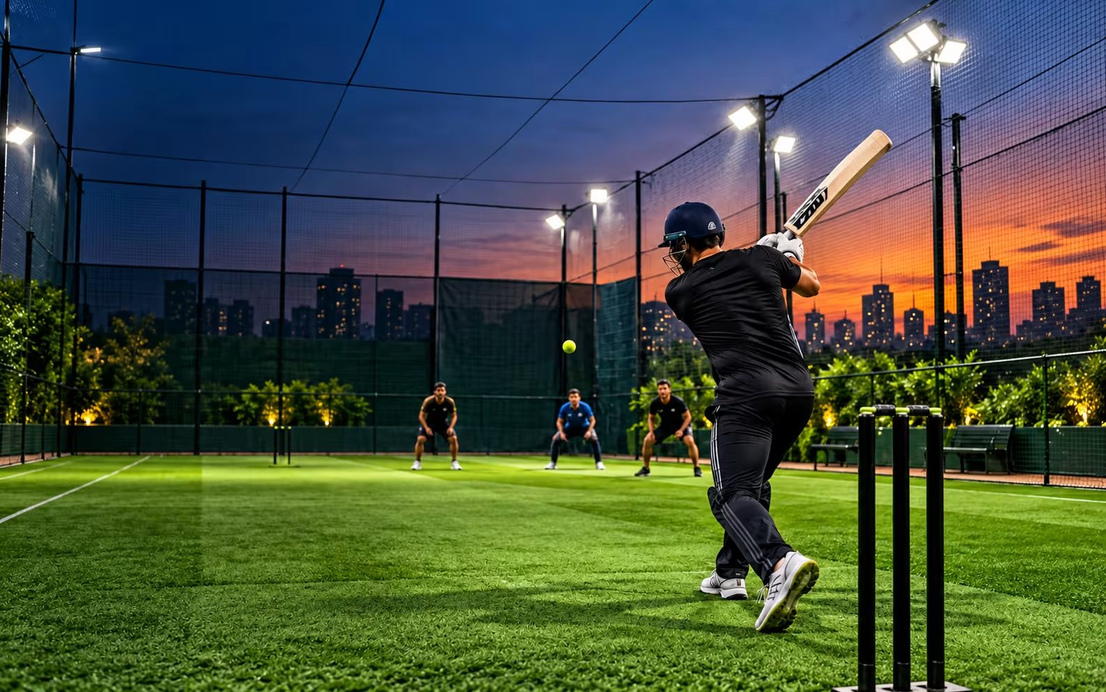 Floodlit box cricket arena at dusk with a batsman mid-shot