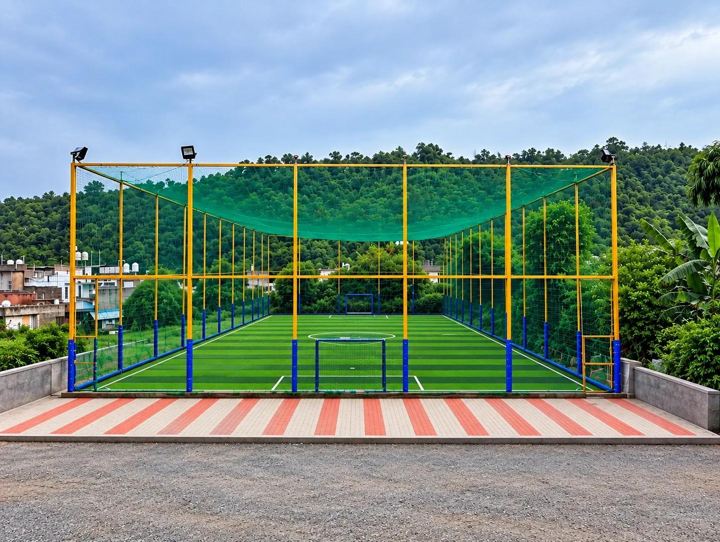 Tennis court surface at a floodlit venue